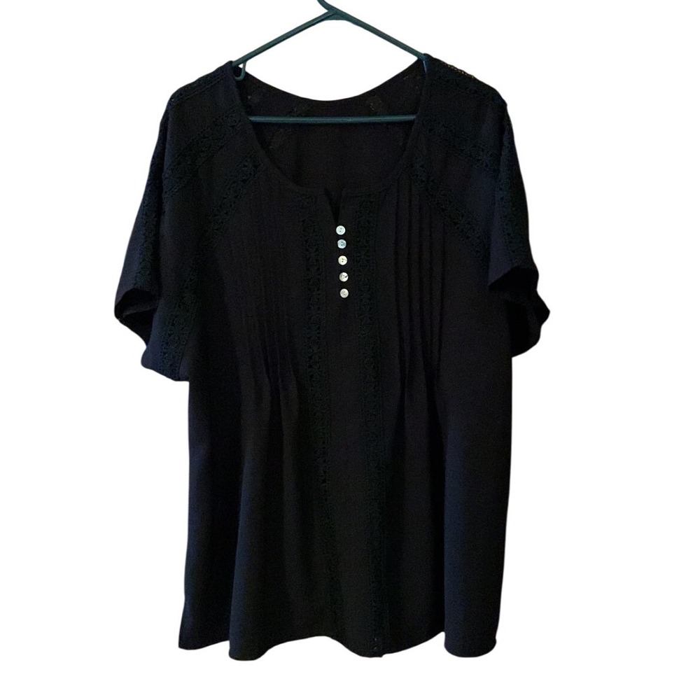 2XL Black Tunic‎ Embroidered Top Button Up Lace Trim Short Sleeve Blouse